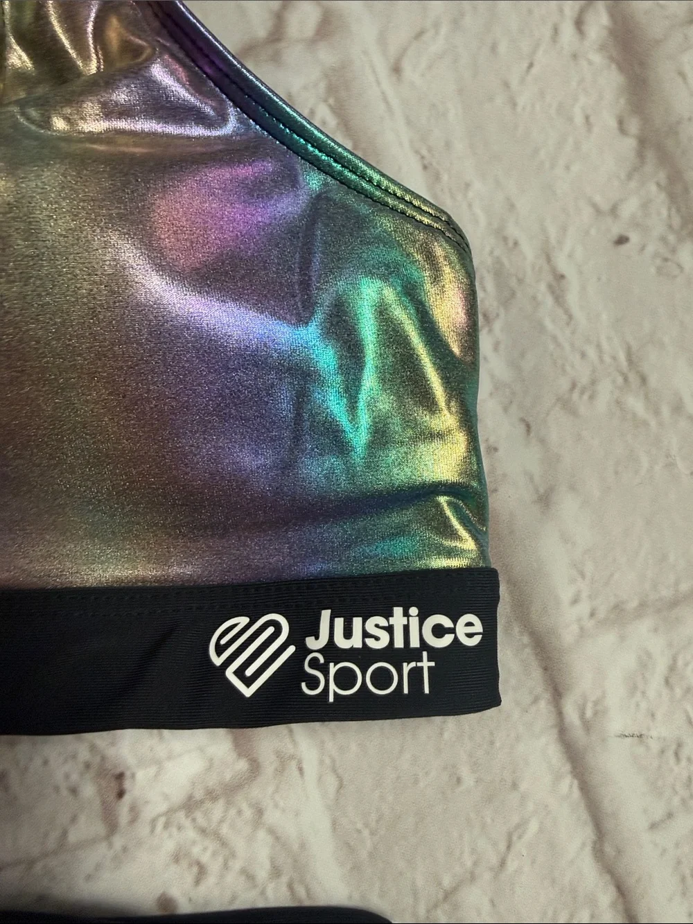 Justice Kids Iridescent Rainbow Holographic Bikini Set with Black Trim